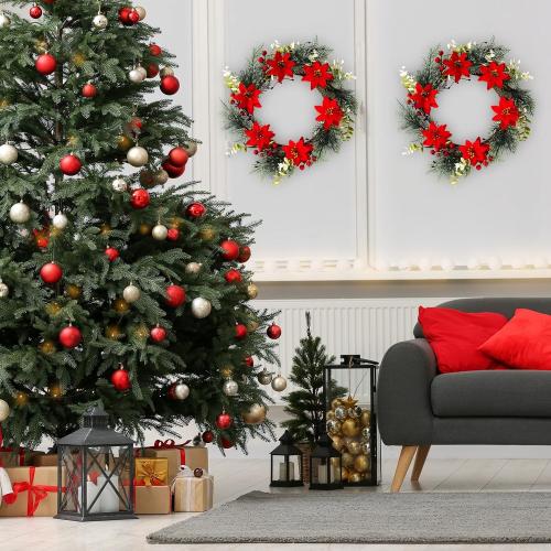 14 Inch Christmas Wreath Poinsettias Artificial Flowers Wreath for Front Door Home Wall Window Christmas Winter Holiday Decoration