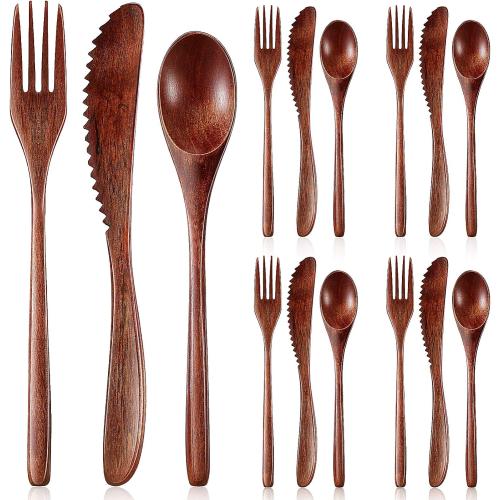Geiserailie 12 Pcs Wooden Utensils for Eating Wooden Spoon Fork Knife Set