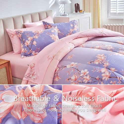 AIKASY Pink and Light Purple King Comforter Set with Sheets,Bed in a Bag 7-Pieces,Branches and Flowers Printing Design,Ultra Soft Down Alternative All Season Bedding Set(King,Blossom Stem)