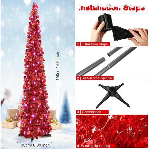 Aoriher 5 ft Pre-lit Pop up Christmas Tinsel Tree Decor Reusable Collapsible Artificial Sequins Slim Pencil Tree with Colorful String Lights for Holiday Party Home Indoor Outdoor(Red)