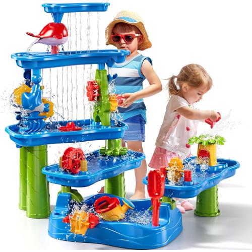 Water Table for Kids 3 4 5 6 7 Years Old, 3-Tier 4 Areas Water Table Activity Sensory Outside Toys for Toddlers 3-5, Beach Backyard Outdoor Play Table Gift for Boys Girls