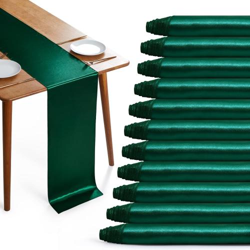 12 Pack Green Satin Table Runners, 12 x 108 Inches Silky Long Table Runner Decor, Bright Smooth Luxury Party Table Runner Decorations for Birthday Holiday Banquet