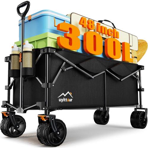 300L Extra Large Collapsible Foldable Wagon, 440lbs Load Capacity 48'L Extended Heavy Duty Folding Beach Wagon with Big All-Terrain Wheels, Utility Garden Cart for Outdoor Activities, Black