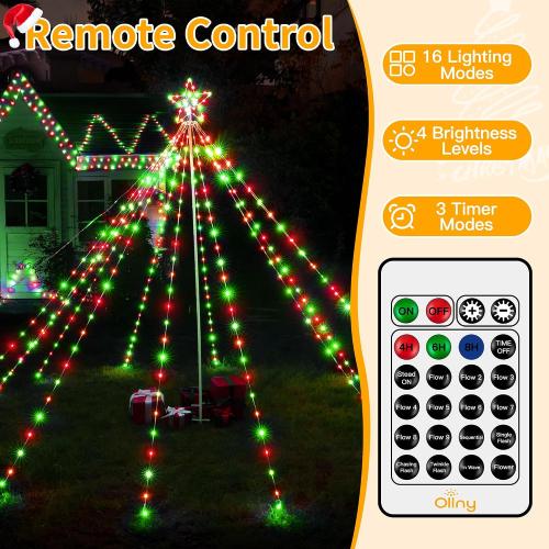 Ollny Christmas Lights Tree Red&Green 340LED with Topper Star, IP67 Waterproof Remote Control Waterfall Lights with Pole, 16 Lighting Modes Timer Dimmable Light Decorations Outdoor Yard Garden Lawn