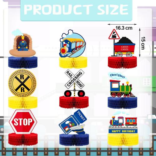 Spakon 9 Pcs Train Birthday Party Decorations Railroad Train Crossing Centerpiece Table Decorations Railway Honeycomb for Kids and Baby Shower Railroad Crossing Sign Table Toppers Photo Booth Prop