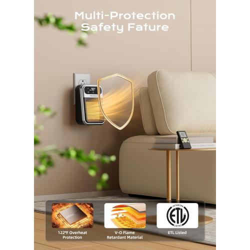 Minetom Portable Plug In Space Heater, 800W Small Wall Heater for Indoor Use, Remote, 12H Timer, ECO Mode, Overheat Protection, Fast and Safe Heat for Bathroom Garage Office Bedroom Home