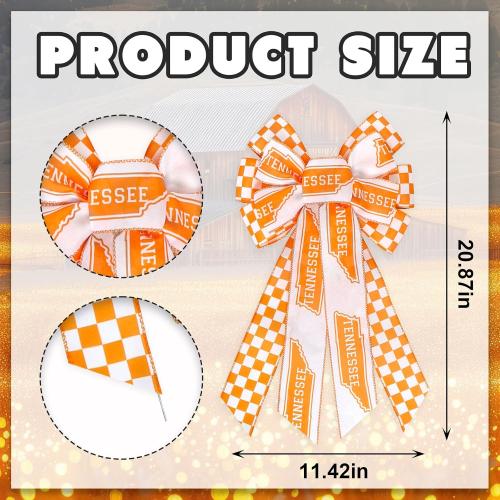 Large Tennessee Bow for Wreath Front Door, Orange White Checkerboard Tennessee Vols Wreath Bow for UT Football Fans Outdoor Wall Tree Topper Decor Sports Party Supplies Hanging Ornament