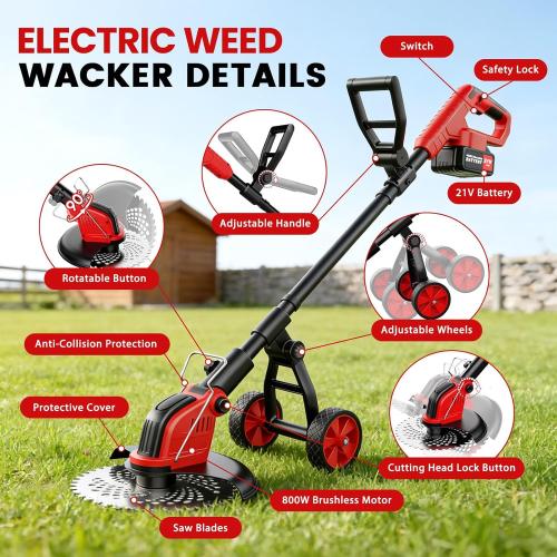 12-Inch Cordless Electric Weed Wacker, 2x3.0Ah 21V Battery Powered Weed Eater with Wheels, 800W Brushless Motor, Lawn Mower with 4 Types Blades, 20000RPM Brush Cutter Grass Trimmer for Garden Yard