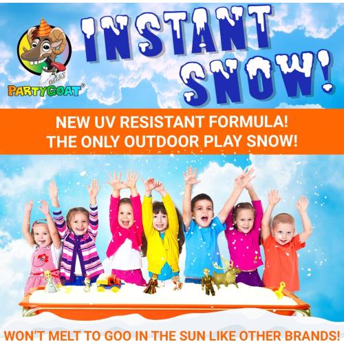 PARTY GOAT Instant Snow Powder for Sensory Play & Decor. 18oz Makes 7 Gallons of Fake Snow. Up to 400 Aritifical Snowballs. Outdoor & Indoor use. Just Add Water. Magic Fun for Kids