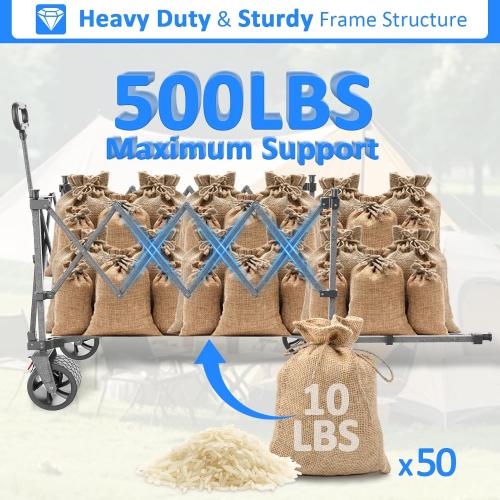 57 L Large Collapsible Foldable Wagon with Tailgate & Brake, 500LBS Heavy Duty Beach Wagons with All-Terrain Big Wheels, 300L Folding Utility Cart for Sand Garden Shopping Groceries Sports (Black)