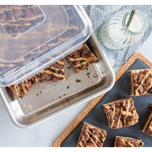 Nordic Ware Natural Aluminum Commercial Cake Pan with Lid, Rectangle Pan with Lid Silver, 9 x 13        6 Enameled Cast Iron Skillet Light Gray - Figmint™: Even-Heating, Oven-Safe, Hand Wash, Non-Induction Compatible Sage Green (item chipped)