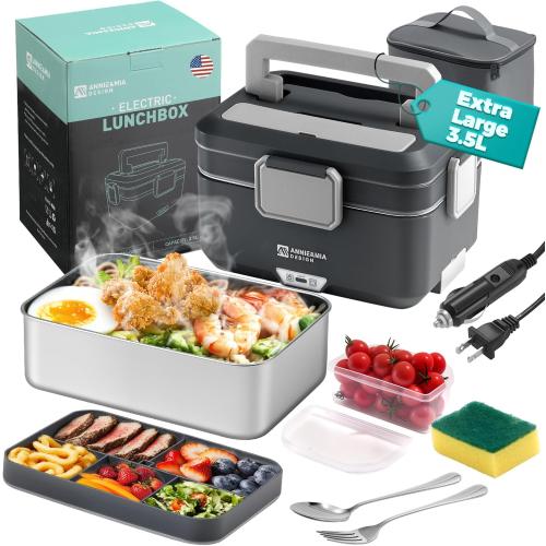 Annie & Mia Design Electric Lunch Box for Adults, 100w 3.5L 2-Layer Portable Food Warmer, Dual Mode 2.5L   1L Heated Lunch Box for Adults, Home/Car/Office/Truck Use, Lonchera Eléctrica Portátil