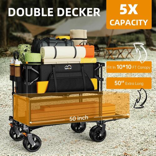 Black Foldable 50''L Extra Long Double Decker Wagon for Sport, 400L Collapsible Heavy Duty Wagon Cart with Big Wheels, Utility All-Terrain Large Extender Cart for Outdoors