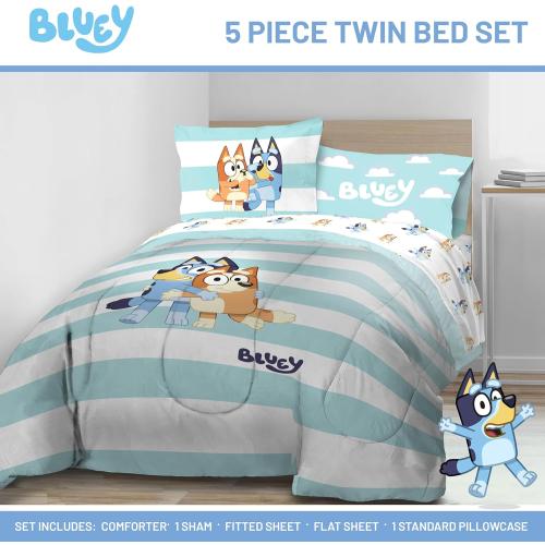 Jay Franco Bluey & Bingo 5 Piece Twin Size Bed Set - Includes Comforter & Sheet Set - Super Soft Kids Bedding Fade Resistant Microfiber (Official Bluey Product)