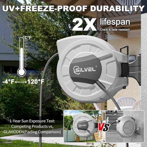 Retractable Garden Hose Reel, 1/2 x 100ft Wall Mount Heavy Duty Automatic Hose Reel with 10 Pattern Nozzle, Any Length Lock & Slow Return System, 180°Swivel Bracket Upgraded UV Resistant,Light Grey