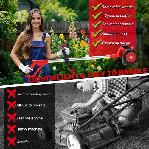 Electric Weed Wacker Cordless Weed Wacker Eater Battery Powered with 2 X 21V Batteries & Wheel & 15 Blades, 3-in-1 Stringless Grass Trimmer/Edger Lawn Tool/Brush Cutter for Garden Yard