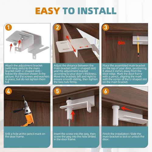 Adjustable Child Safety Door Top Lock with Ergonomic Grip, 2MM Thick Solid Steel Child Proof Door Top Lock for Interior Exterior Doors Easy Sliding Lock Unlock from Both Sides for Kids Safety