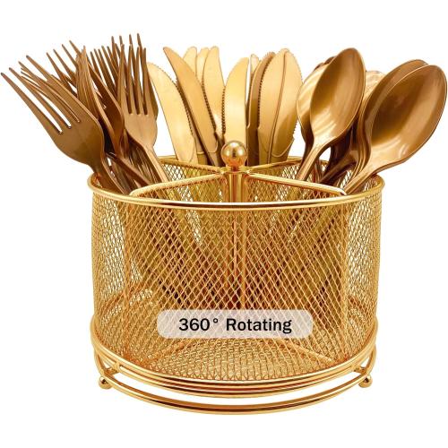 360° Rotating Metal Utensil Caddy - 4 Compartment Silverware Cutlery Holder Rotation Fork Spoon Napkin Organizer Flatware Storage Basket Party Countertop Buffet Picnic Camping Outdoor Gold
