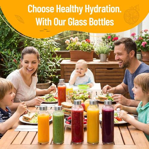 Luxfuel 18 oz Clear Glass Water Bottles with Lids, Reusable Glass Juice Bottles with Stainless Steel Cap for Juicing, Refrigerator,100% Leak Proof, BPA Free, Set of 24