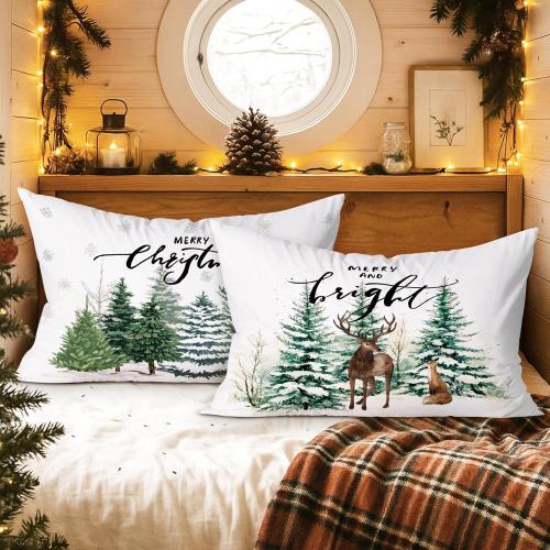 Lanpn Christmas Queen Pillowcase 20x30 Set of 2, White Forest Decorative Lumbar Pillow Cases 20 x 30 Long Rectangle Accent Queen Shams Throw Bed Pillow Covers Xmas Cushion Cover 2 Pack