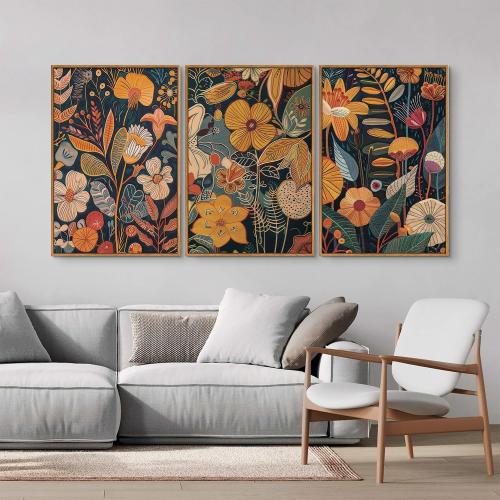 Set of 3 Size 24x36x3 SIGNINART Boho Botanical Framed Canvas Wall Art Set of 3, Mid Century Modern Wall Decor, Burnt Orange Floral Artwork, Neutral Flower Plant Art Prints for Bedroom Living Room Office