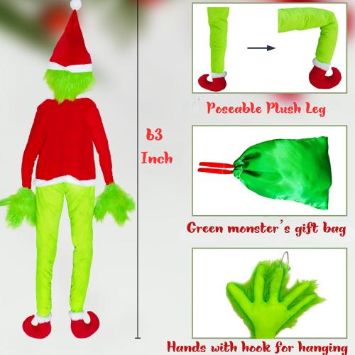 Green Monster Christmas Decorations, 5.2FT Christmas Tree Decor, Pose-able Xmas Stuffed Green Santa Body for Outdoor Indoor Yard Lawn Decoration