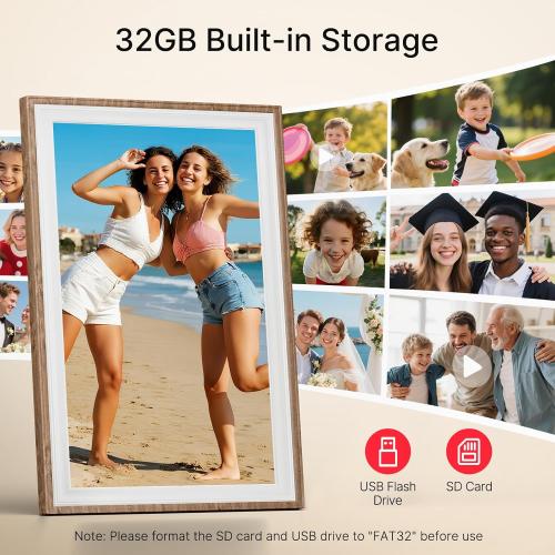 Frameo 10.1 Digital Picture Frame, Smart WiFi Digital Photo Frame with 1280x800 HD IPS Touch Screen 32GB Storage Auto-Rotate Wall Mounted, Share Photos/Videos Remotely(Brown&White)