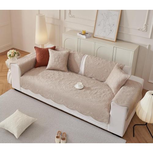 Luxury Vintage Cotton Embroidery Sofa Cover Soft Farmhouse Seat Cushion Cover Floral Quilted Sectional Couch Cover Anti-Slip Sofa Slipcovers Furniture Protector for Dogs Cats (Khaki,36x82)