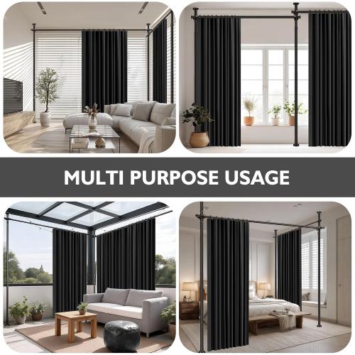 Room Divider Curtain Set-No Drilling Curtain Rod Set, Room Divider Wall for Partition Room Dividers, Bedroom Divider Black-100 W x 84 L(Pack of 2)