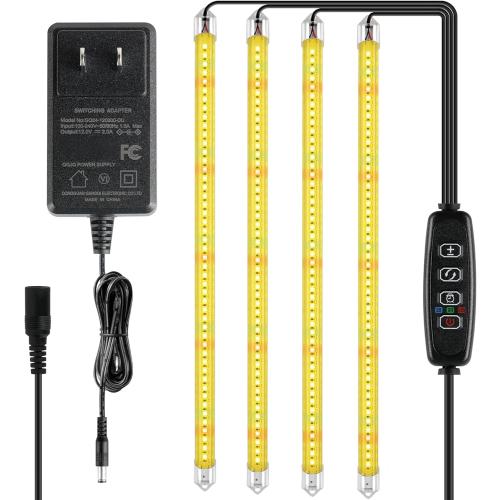 iPower 60W LED Grow Lights with Full Spectrum Plant Growing Light Strips for Indoor Plant with Auto ON/Off 3/9/12H Timer, 10 Dimmable Levels 48 LEDs Per Tude, 4 Tubes, Yellow