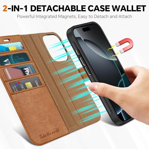 TUCCH Wallet Case for iPhone 16 Pro, [Removable] 2 in 1 [Wireless Charging] RFID Blocking [4 Card Holders] PU Leather Cover, Magnetic Detachable Folding Stand Folio Case for iPhone 16 Pro, Light Brown