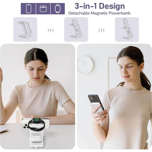 3 in 1 Wireless Charging Station: 5000mAh Removable Power Bank Charger Stand for Phone/Watch/Air Pods - Portable Magnetic Battery Pack for Air 17 16 15 14 13 12 Series White