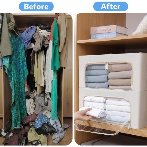 CYhom 3Pack Frame Storage Box - Clothes Storage Bin Bags Oxford Fabric Foldable Stackable Container Organizer Set with Clear Window & Carry Handles (Beige, Medium-44L)