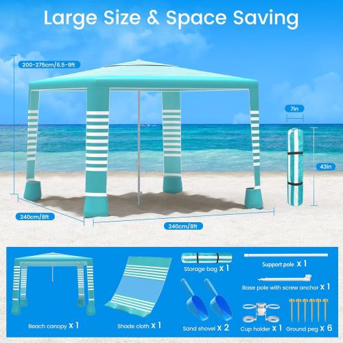 MoKo Beach Cabana, 8'×8' Large Beach Canopy with Side Wall, UPF 50  Protection Easy Setup Beach Tent Sun Shelter, Adjustable Height Wind Resistant Cabana Beach Tent for Whole Family, Green Stripe