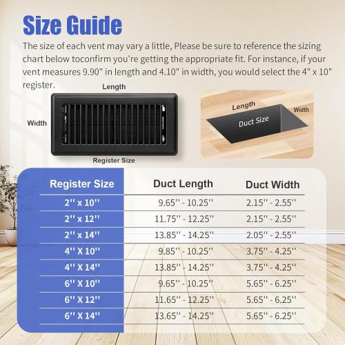 4x14 Floor Register 6-Pack, Heavy Duty Steel Walkable Vent Covers for Home Floor, Adjustable Quiet Airflow Vent Grill, Rust-Proof Black 14x4 Floor Vents