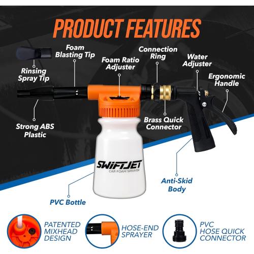 SwiftJet Car Wash Foam Gun   Microfiber Wash Mitt - Foam Cannon Works with Any Soap - Garden Hose Car Foam Sprayer - Car Wash Kit - Car Accessories Foam Blaster (Orange Foam Gun with Mitt) | No pressure washer needed, get thick soapy foam at home! Perfect for cars, rv's, boats and motorcycles