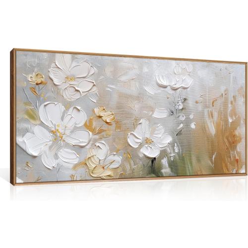 HPNIUB Large White Flower Framed Wall Art Modern White and Gold Floral Canvas Oil Painting Nature Botanical Wall Decor Abstract Aesthetic Artwork for Living Room Bedroom Decor -20x40