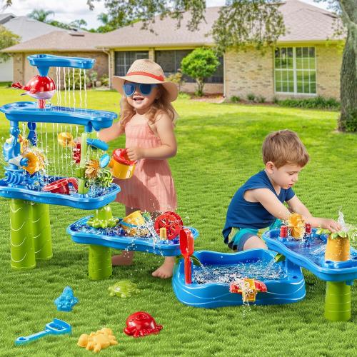 Water Table for Kids 3 4 5 6 7 Years Old, 3-Tier 4 Areas Water Table Activity Sensory Outside Toys for Toddlers 3-5, Beach Backyard Outdoor Play Table Gift for Boys Girls