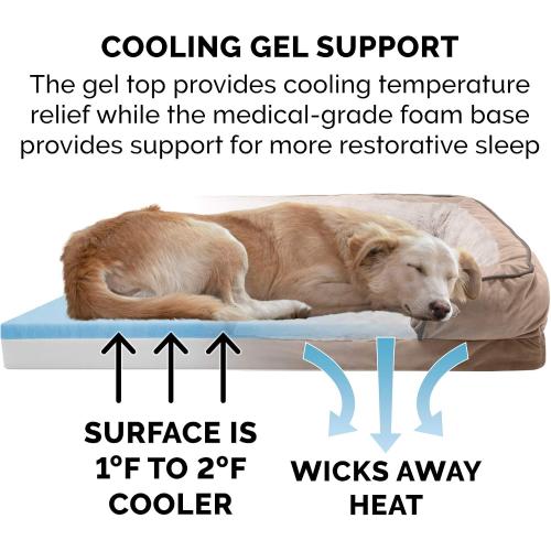 Furhaven Cooling Gel Dog Bed for Large Dogs w/ Removable Bolsters & Washable Cover, For Dogs Up to 95 lbs - Plush & Velvet Waves Perfect Comfort Sofa - Brownstone, Jumbo/XL