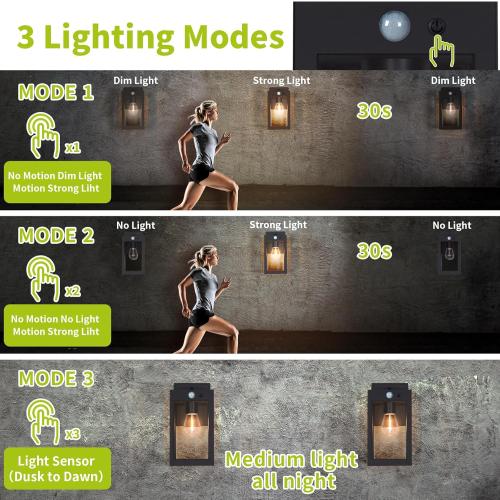 2 Pack Solar Porch Lights Outdoor,Solar Wall Lights with 3 Lighting Modes&Motion Sensor, Dusk to Dawn Sconce Lights Wall Mount,Exterior Wall Lantern Light Fixture for House, Garage,Patio,Shed