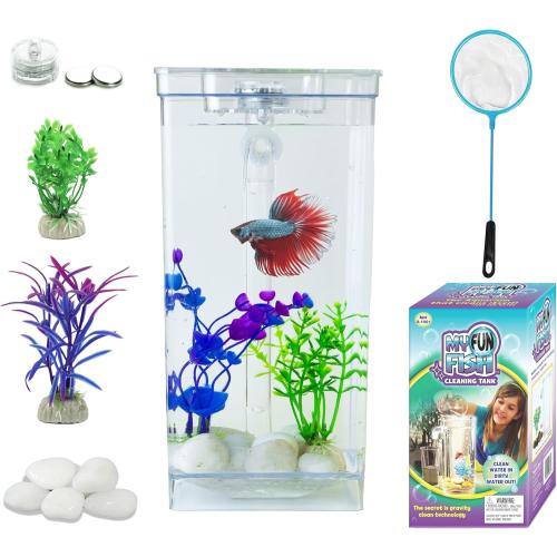 Size 1 gallon My First Fish Tank™ 1 Gallon Mini Aquarium Starter Kit, Professional Betta Fish Tank, Self Cleaning-Only add Water, No Power No Noise, with LED Light, Beautiful White Pebbles, with Color Box