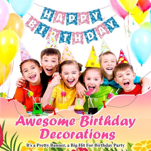 VitalCozy Blue Pink Hibiscus Cartoon Birthday Decorations Pre-strung Happy Birthday Banner for Blue Pink Alien Cartoon Hawaii Party Supplies