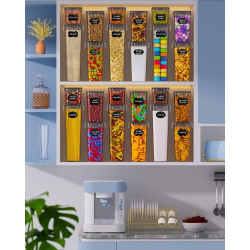 Airtight Food Storage Containers with Lids, 24 PCS Kitchen and Pantry Organization Canisters, BPA-Free, PVC-Free, Food-grade Plastic Leak-proof Jars for Cereal, Flour, Sugar, Extra 24 Labels & Marker
