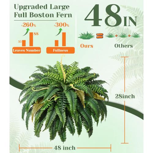 MARTINE MALL 48 inch Fake Ferns Artificial Ferns for Outdoors Look Real, 88 Branches Large Faux Boston Fern for Outdoor Planter Realistic UV Resistant Hanging Artificial Fake Plants for Porch Patio