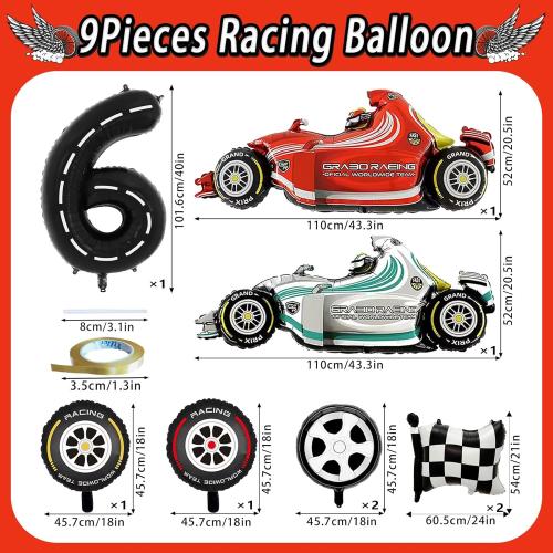 Number 6 Race Car Balloons, 43 Inch Race Car Party Decorations, Wheel Tire Balloon, Black and White Checkered Foil Balloons for Boys 6th Birthday Party Decoration - Pack of 9
