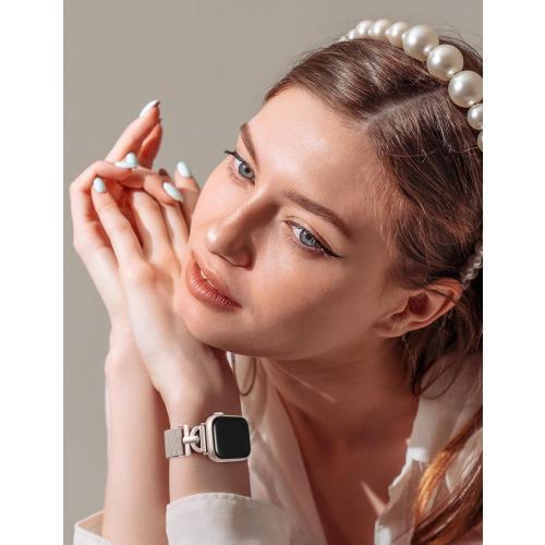 Stainless Steel Magnetic Loop Compatible with Apple Watch Band 38mm 40mm 41mm 42mm Women Metal Mesh D-shaped Clasp Strap for iWatch SE Series 10/9/8/7/6/5/4/3/2/1/Ultra(1/2) Starlight