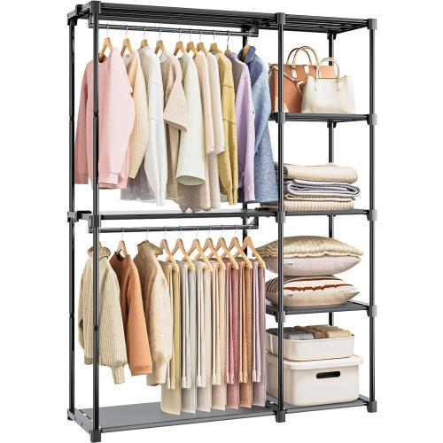 Black 47.8x15.8x63.4 Portable Closet, Freestanding Wardrobe Closet Organizers and Storage,Open Clothing Racks for Hanging Clothes with 4 Shelves and 2 Hanging Rods