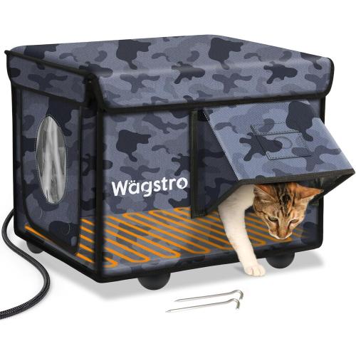 Heated Cat House for Outside, Waterproof Awning & Escape Door Heated Cat Houses for Indoor/Outdoor Cats in Winter, Elevated & Insulated Outdoor Cat Shelter for Feral Cat(Black Camo, 16.5x12.6x12.6)