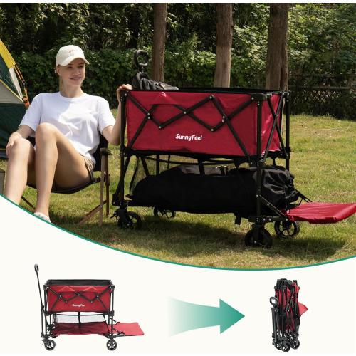 SUNNYFEEL Lightweight 47''L Double Decker Wagon for Sport, 270L Collapsible Wagon Cart,331lbs Collapsible Outdoor Utility Wagon Cart for Shopping Garden Camping,Red-Lightweight