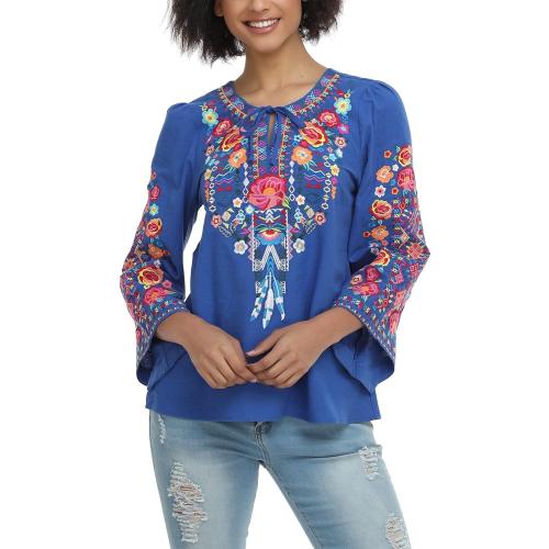 YZXDORWJ Women's Mexican Long Sleeve Blouse Embroidered Traditional V Neck Top Boho Tunic